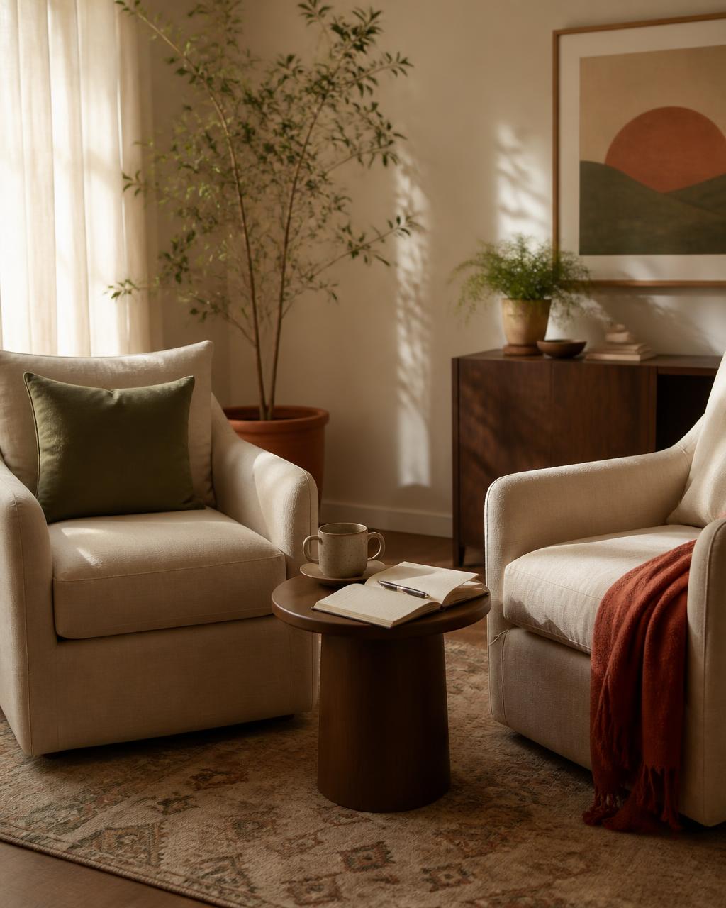 A warm therapy consultation room with two linen armchairs, a notebook and a ceramic mug